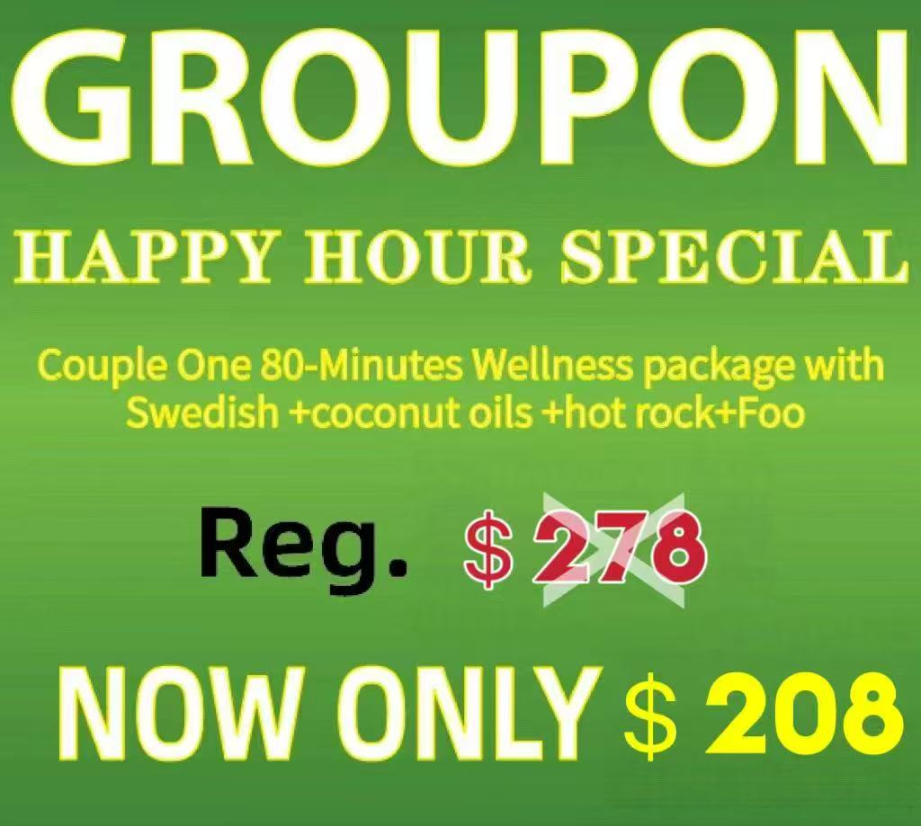Couple One 80-Minutes Wellness package - with Swedish + coconut oils + hot rock + Foot, special price $208