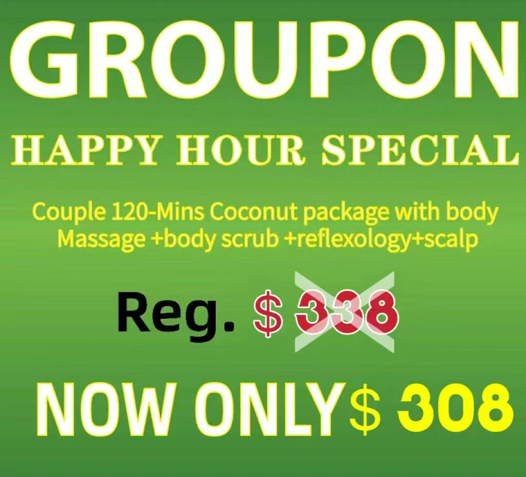 Couple 120-Mins Coconut package with - body Massage + body scrub + reflexology + scalp, special price $308