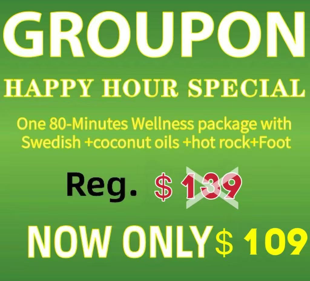 One 80-Minutes Wellness package - with Swedish + coconut oils + hot rock + Foot, special price $109