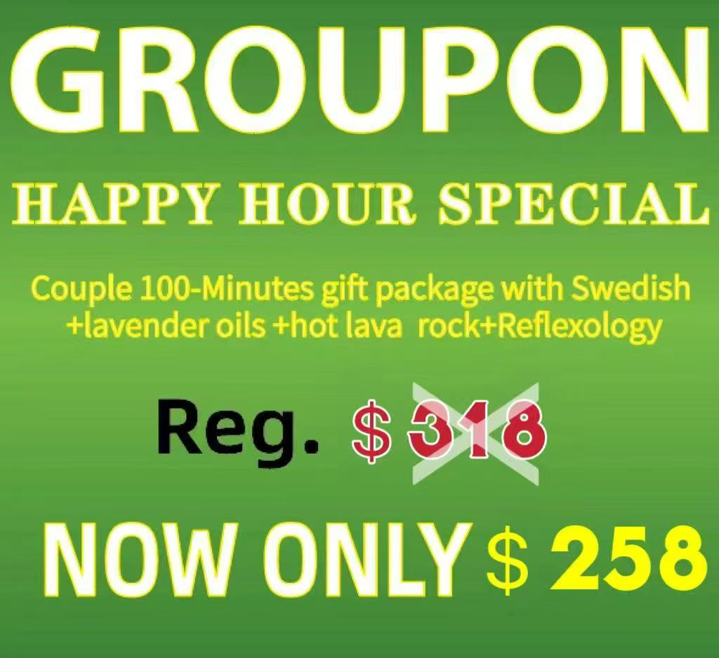 Couple 100-Minutes gift package with - Swedish+lavender oils+hot lava rock+Reflexology, special price $258